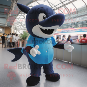 Blue Killer Whale mascot costume character dressed with a Overalls and Brooches