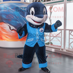 Blue Killer Whale mascot costume character dressed with a Overalls and Brooches