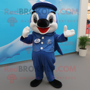 Blue Killer Whale mascot costume character dressed with a Overalls and Brooches