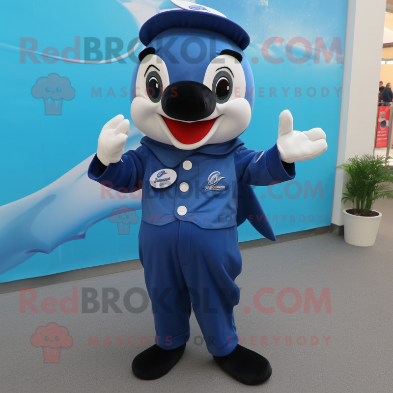 Blue Killer Whale mascot costume character dressed with a Overalls and Brooches Blue Killer Whale mascot costume character dressed with a Overalls and Brooches