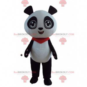 Mascotte de panda noir et blanc avec un bandana rouge -