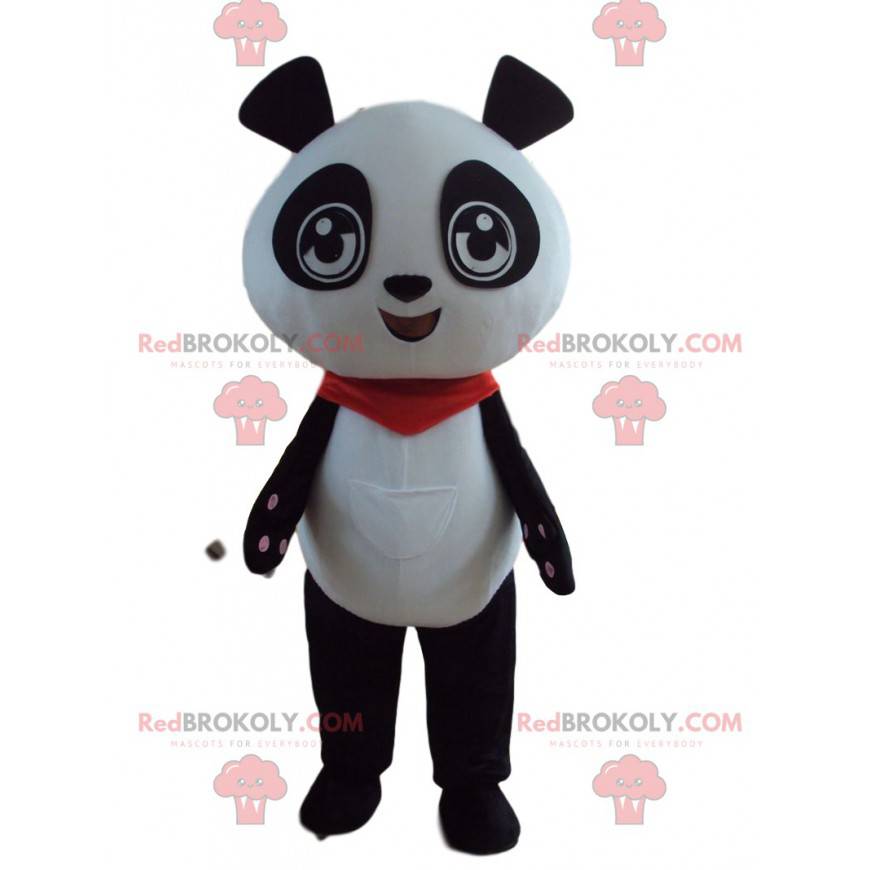 Schwarzweiss-Panda-Maskottchen mit einem roten Kopftuch -