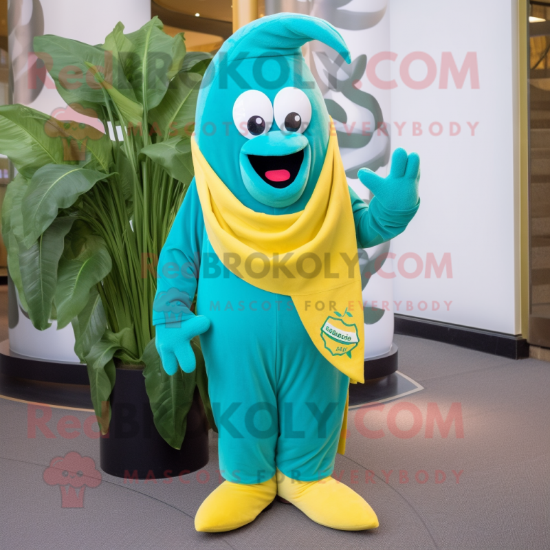 Teal Banana mascot costume character dressed with a Trousers and Scarves Teal Banana mascot costume character dressed with a Trousers and Scarves