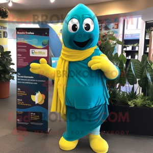 Teal Banana mascot costume character dressed with a Trousers and Scarves