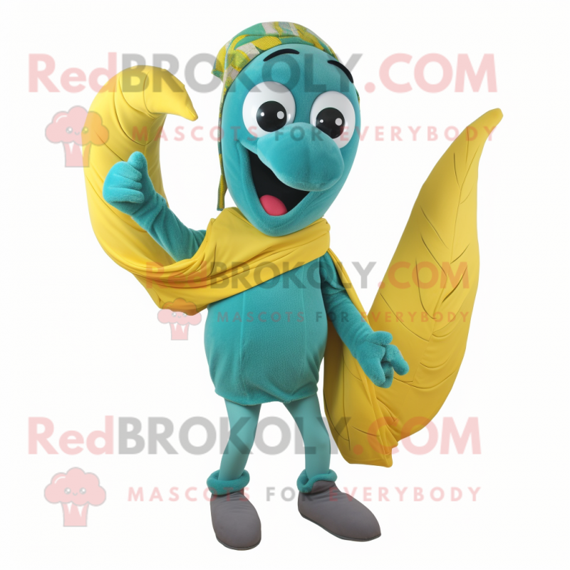 Teal Banana mascot costume character dressed with a Trousers and Scarves Teal Banana mascot costume character dressed with a Trousers and Scarves