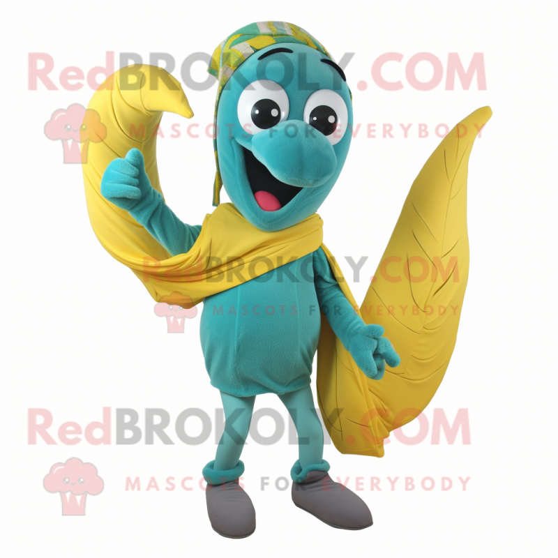 Teal Banana mascot costume character dressed with a Trousers and Scarves