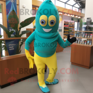 Teal Banana mascot costume character dressed with a Trousers and Scarves