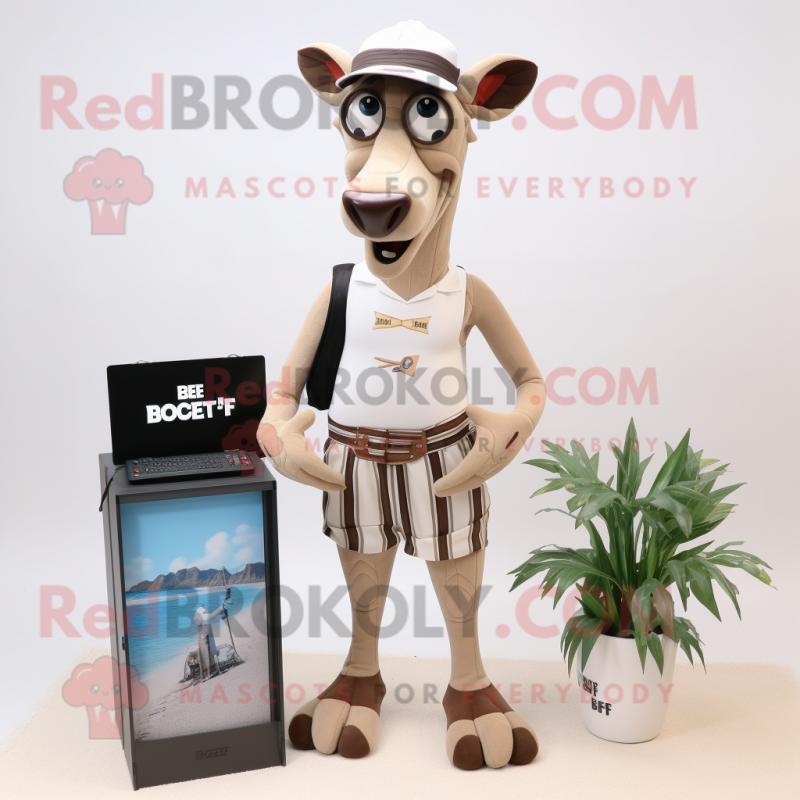 Beige Okapi mascot costume character dressed with a Board Shorts and Briefcases