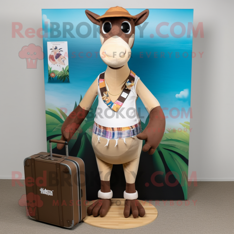 Beige Okapi mascot costume character dressed with a Board Shorts and Briefcases