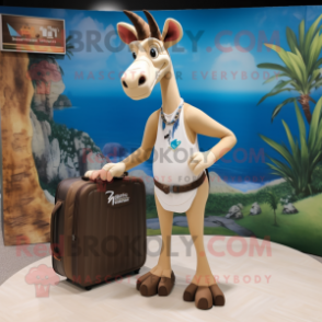 Beige Okapi mascot costume character dressed with a Board Shorts and Briefcases