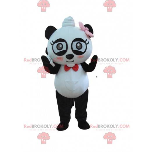 Mascote panda muito divertido com gravata borboleta -