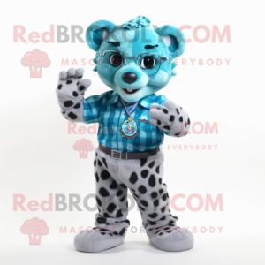 Cyan Leopard mascot costume character dressed with a Flannel Shirt and Bracelet watches