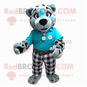 Cyan Leopard mascot costume character dressed with a Flannel Shirt and Bracelet watches