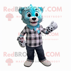 Cyan Leopard mascot costume character dressed with a Flannel Shirt and Bracelet watches