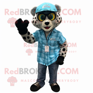 Cyan Leopard mascot costume character dressed with a Flannel Shirt and Bracelet watches