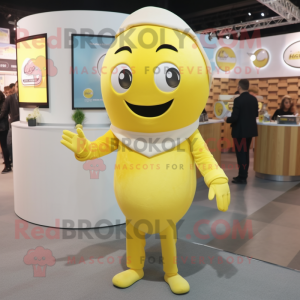 Lemon Yellow Gyro mascot costume character dressed with a Suit Pants and Mittens