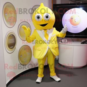 Lemon Yellow Gyro mascot costume character dressed with a Suit Pants and Mittens