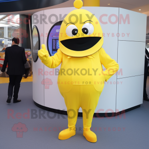 Lemon Yellow Gyro mascot costume character dressed with a Suit Pants and Mittens