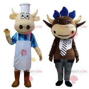 2 mascottes de vaches habillées, costumes de la ferme -