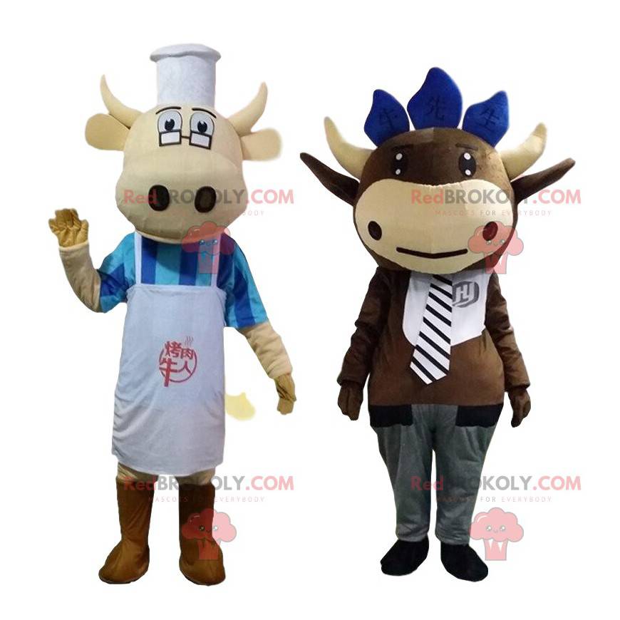 2 mascotte di mucca vestite, costumi da fattoria -