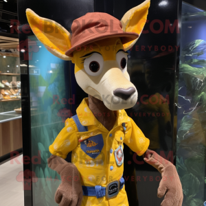 Yellow Okapi mascot costume character dressed with a Denim Shorts and Hat pins
