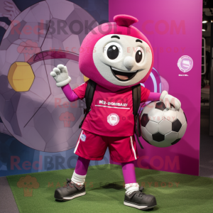 Magenta Soccer Ball mascot costume character dressed with a Henley Tee and Backpacks