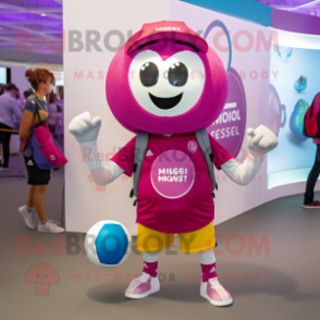 Magenta Soccer Ball mascot costume character dressed with a Henley Tee and Backpacks