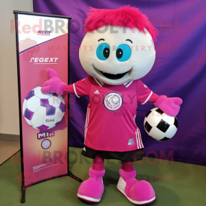 Magenta Soccer Ball mascot costume character dressed with a Henley Tee and Backpacks