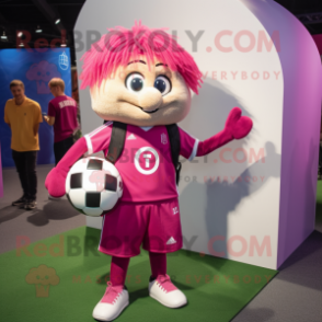 Magenta Soccer Ball mascot costume character dressed with a Henley Tee and Backpacks