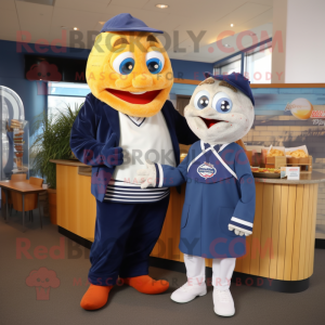 Navy Fish And Chips mascot costume character dressed with a Sweater and Ties