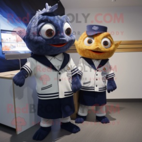 Navy Fish And Chips mascot costume character dressed with a Sweater and Ties