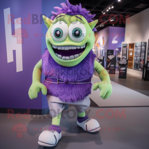 Lavender Frankenstein'S Monster mascot costume character dressed with a Running Shorts and Backpacks