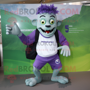 Lavender Frankenstein'S Monster mascot costume character dressed with a Running Shorts and Backpacks