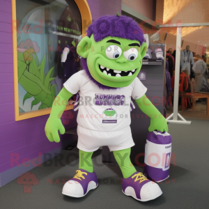 Lavender Frankenstein'S Monster mascot costume character dressed with a Running Shorts and Backpacks