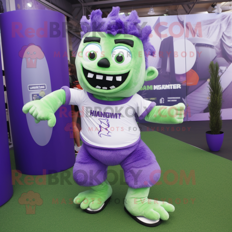 Lavender Frankenstein'S Monster mascot costume character dressed with a Running Shorts and Backpacks