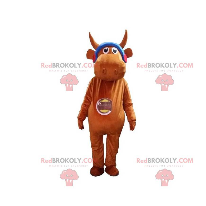 Mascotte di mucca marrone con cuffie, costume da toro -