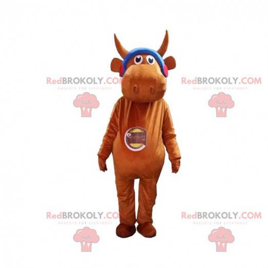 Mascotte di mucca marrone con cuffie, costume da toro -