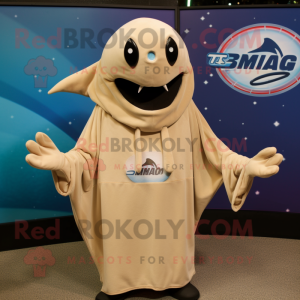 Tan Stingray mascot costume character dressed with a Sweatshirt and Scarves