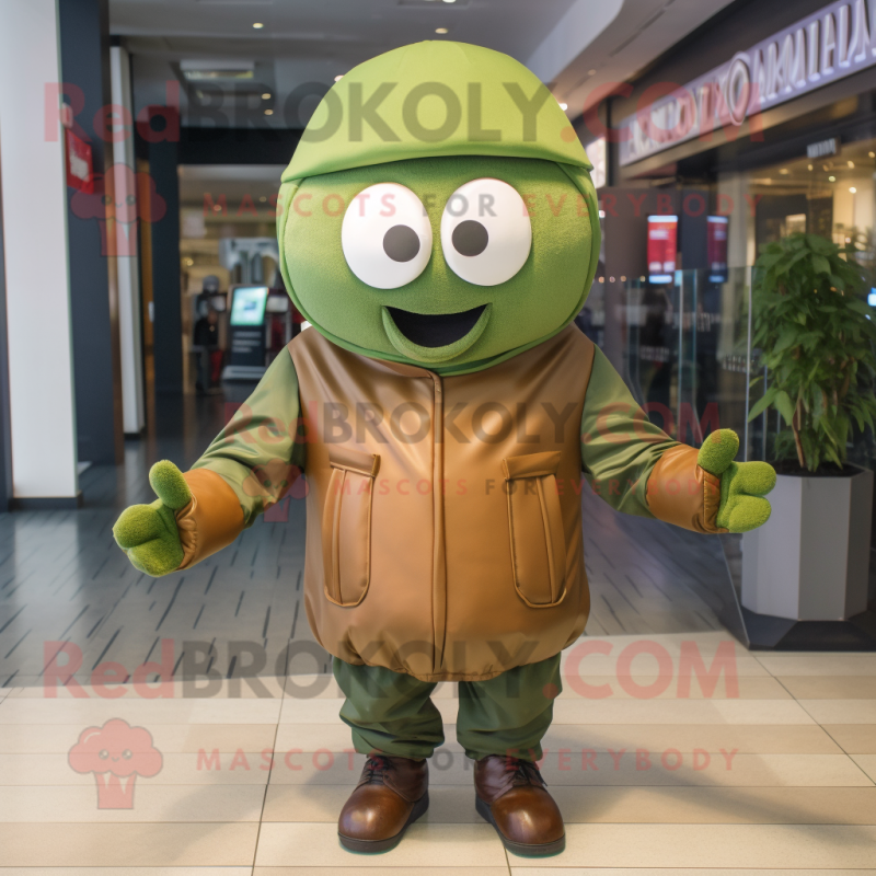 Olive But mascot costume character dressed with a Leather Jacket and Beanies