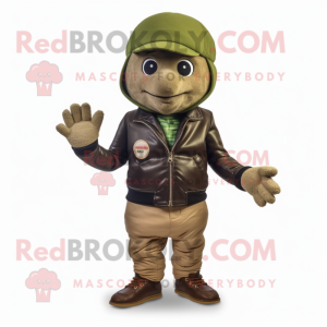 Olive But mascot costume character dressed with a Leather Jacket and Beanies