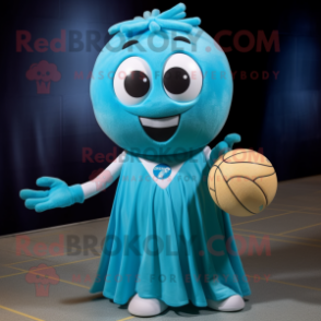 Cyan Handball Ball mascot costume character dressed with a Empire Waist Dress and Ties