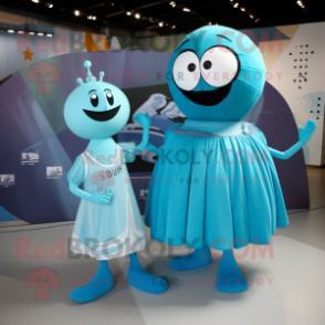 Cyan Handball Ball mascot costume character dressed with a Empire Waist Dress and Ties