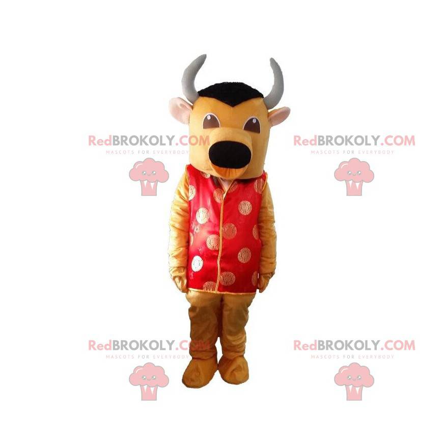 Mascotte del toro giallo e nero con un vestito asiatico rosso -