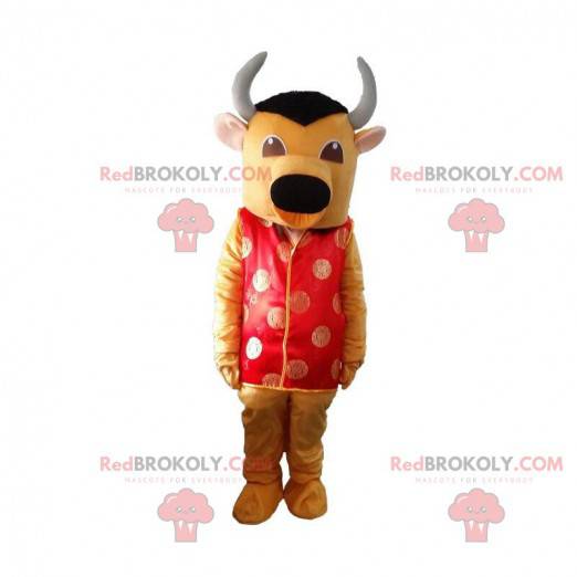 Geel en zwarte stier mascotte met een rode Aziatische outfit -