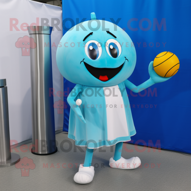 Cyan Handball Ball mascot costume character dressed with a Empire Waist Dress and Ties
