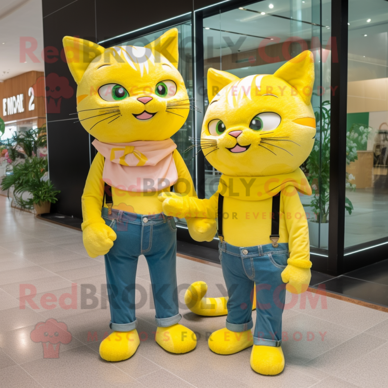 Lemon Yellow Cat mascot costume character dressed with a Boyfriend Jeans and Headbands