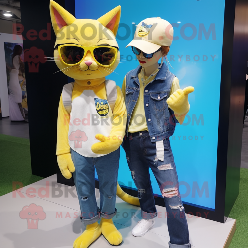 Lemon Yellow Cat mascot costume character dressed with a Boyfriend Jeans and Headbands