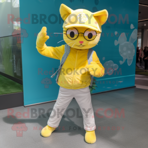 Lemon Yellow Cat mascot costume character dressed with a Boyfriend Jeans and Headbands