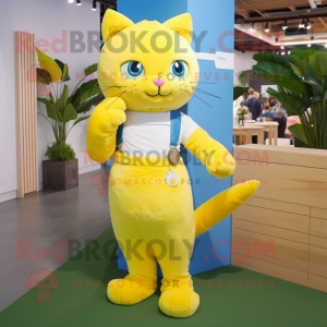 Lemon Yellow Cat mascot costume character dressed with a Boyfriend Jeans and Headbands