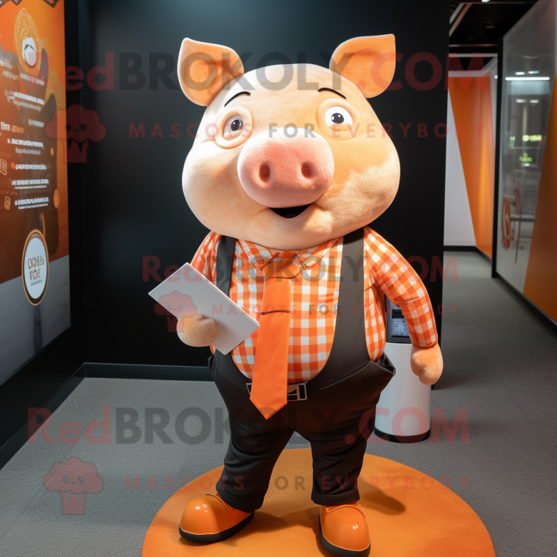 Orange Pig mascot costume character dressed with a Graphic Tee and Pocket squares